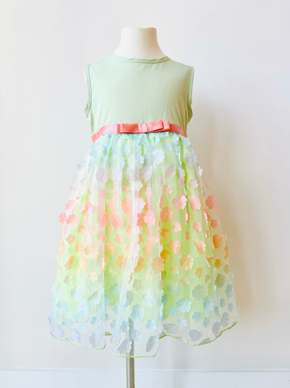 Felicity green dress for little girls with rainbow color flowers