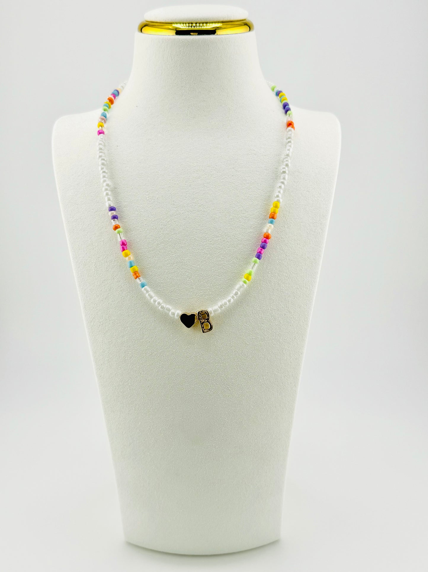 B beaded Initial necklace in white and pastel colors