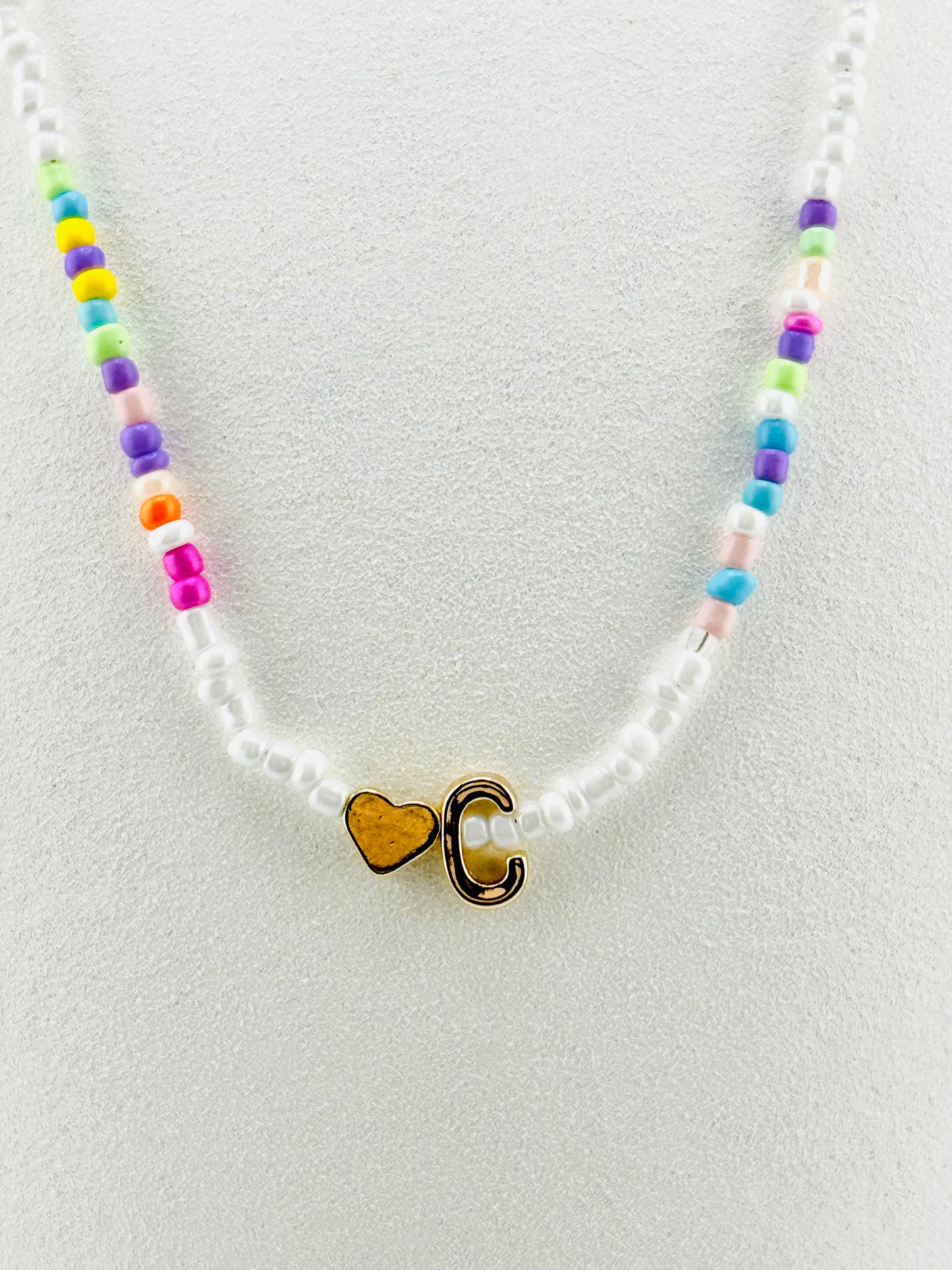 C beaded Initial necklace in white and pastel colors