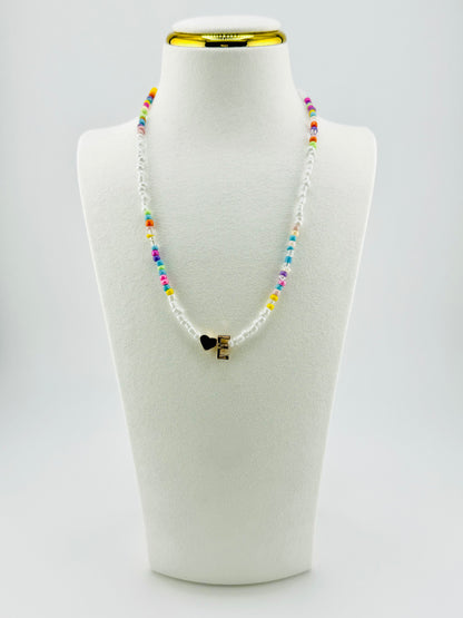 E beaded Initial necklace in white and pastel colors