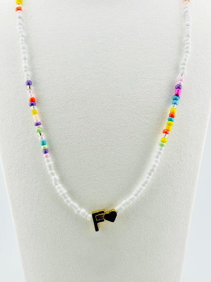 F beaded Initial necklace in white and pastel colors