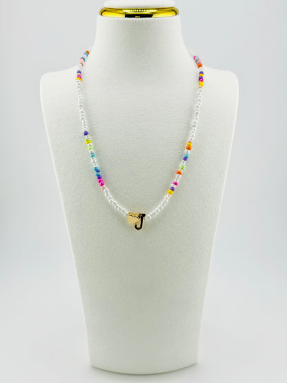 J beaded Initial necklace in white and pastel colors