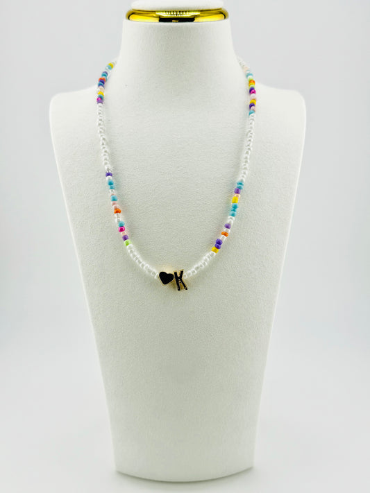 K beaded Initial necklace in white and pastel colors