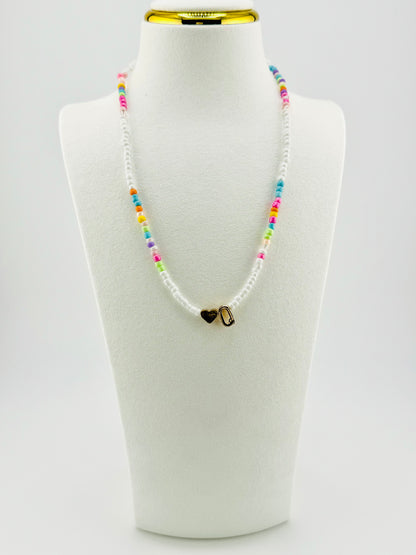 Q beaded Initial necklace in white and pastel colors