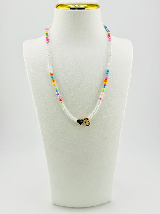 Q beaded Initial necklace in white and pastel colors