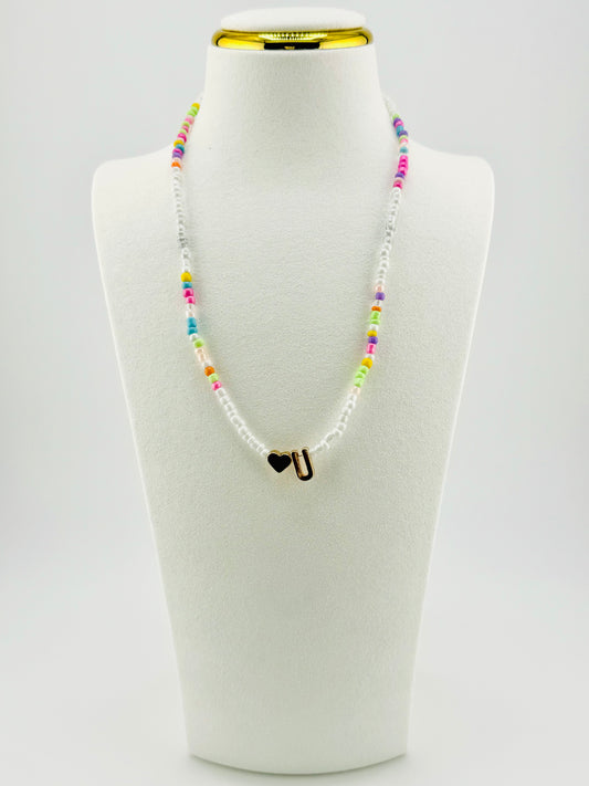 U beaded Initial necklace in white and pastel colors