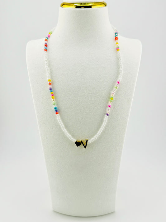 V beaded Initial necklace in white and pastel colors