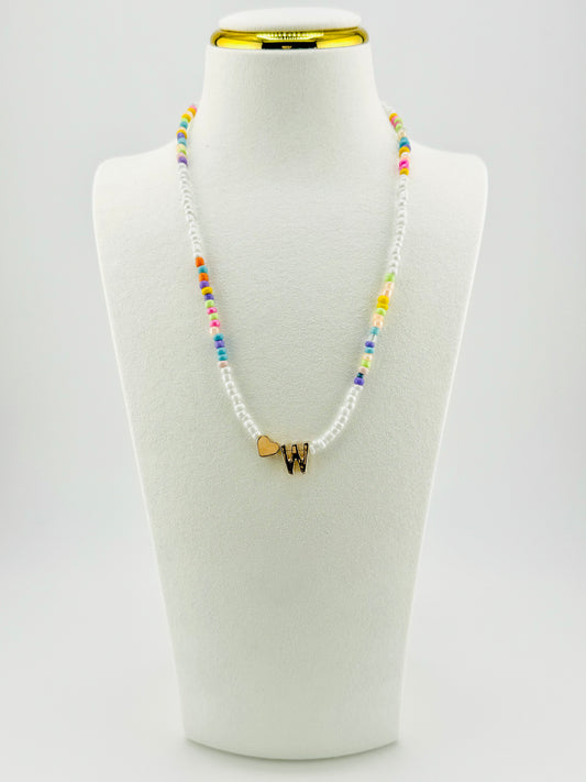 W beaded Initial necklace in white and pastel colors