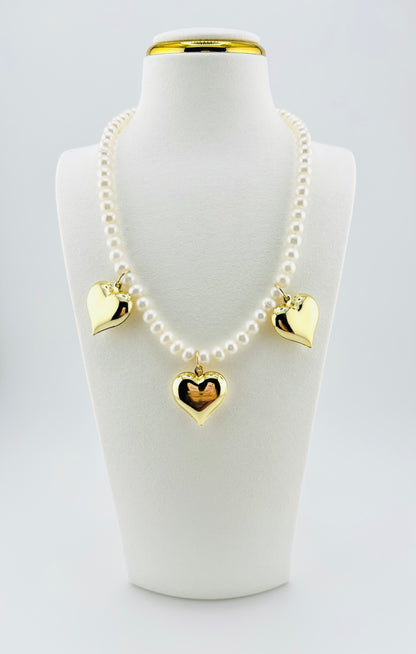 Estela triple heart necklace with fresh water pearls
