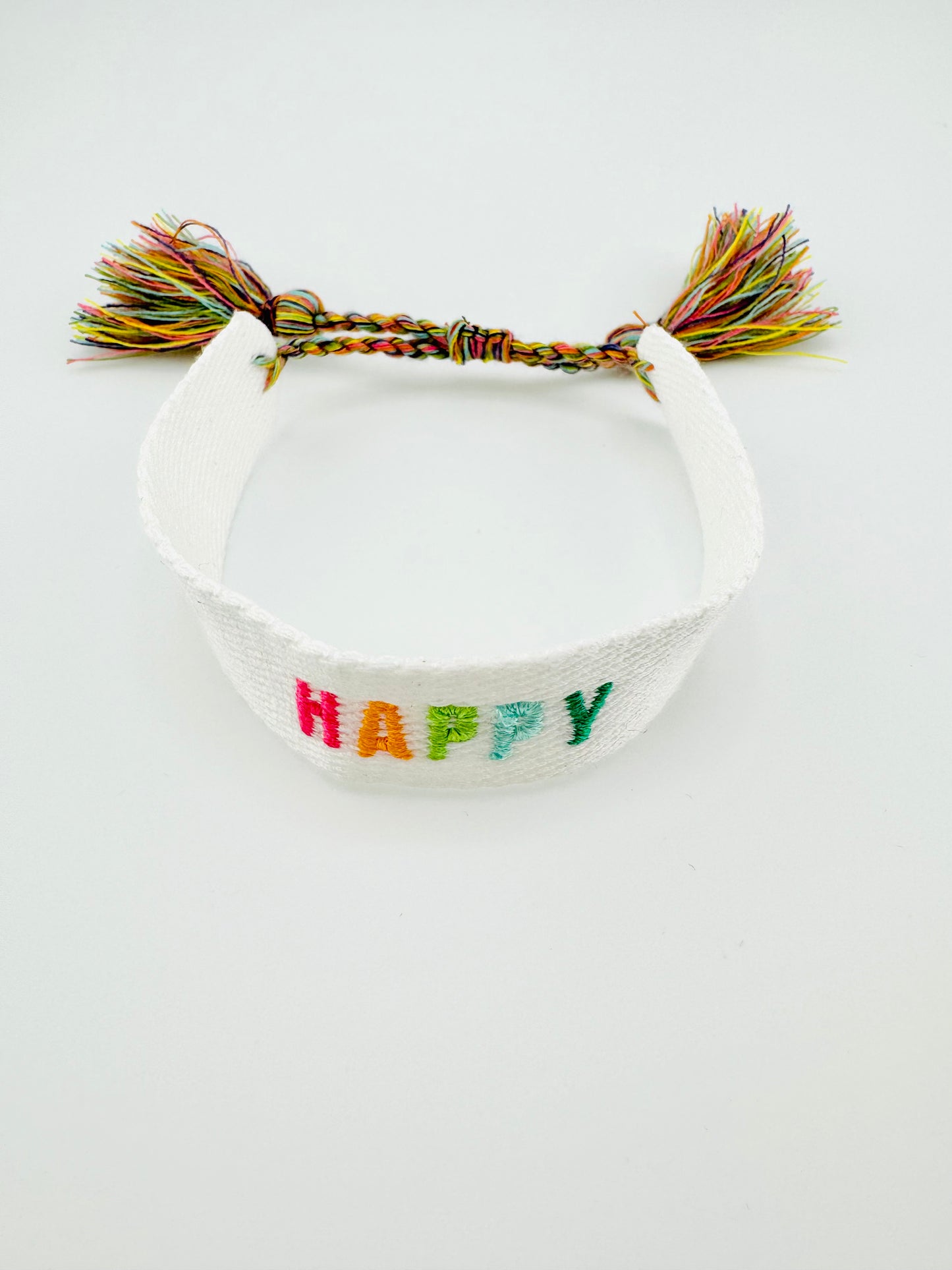 Happy woven bracelet in white with colorful letters adjustable