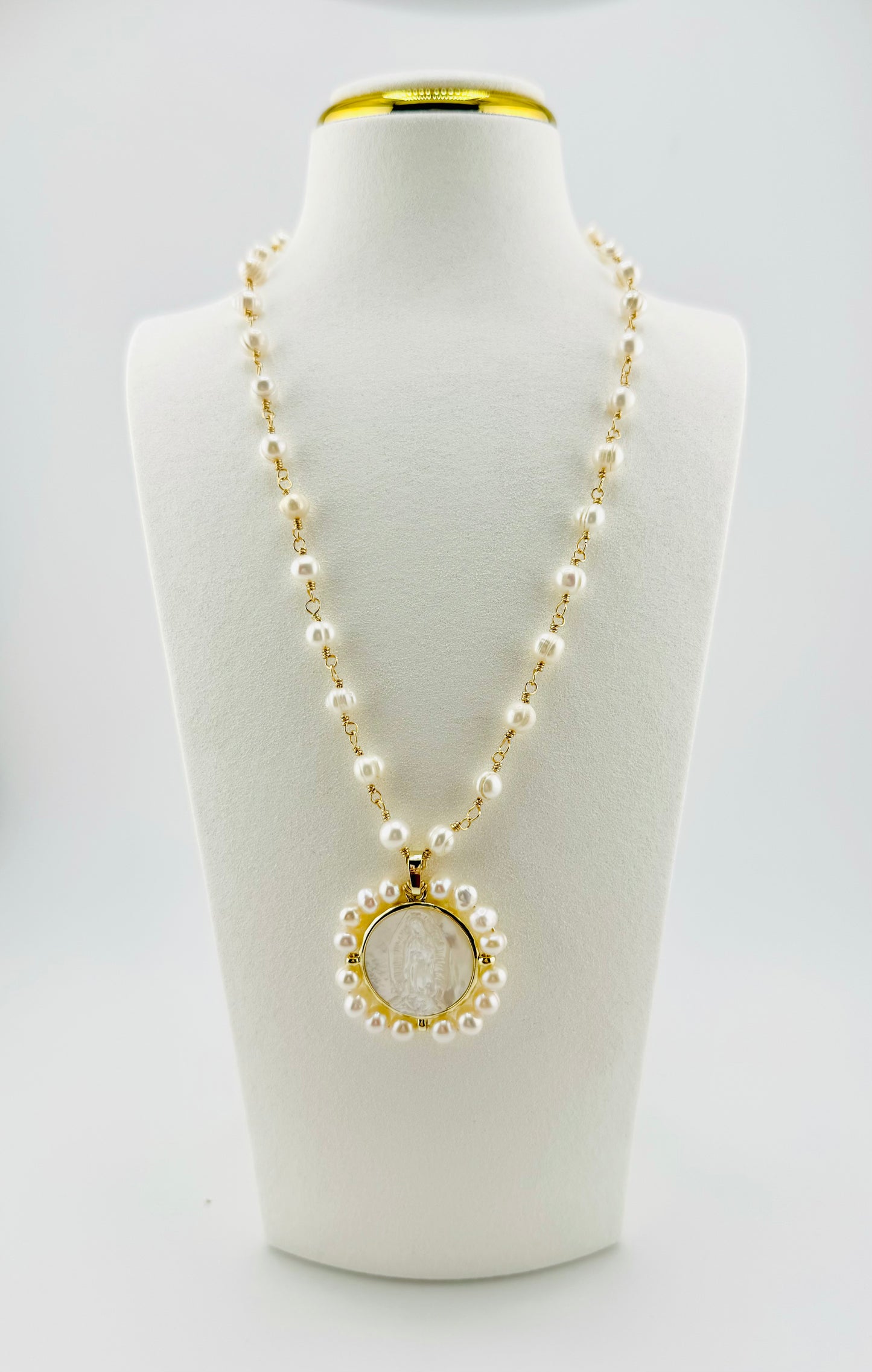 Virgen of Guadalupe fresh water pearls necklace with 18k gold filled