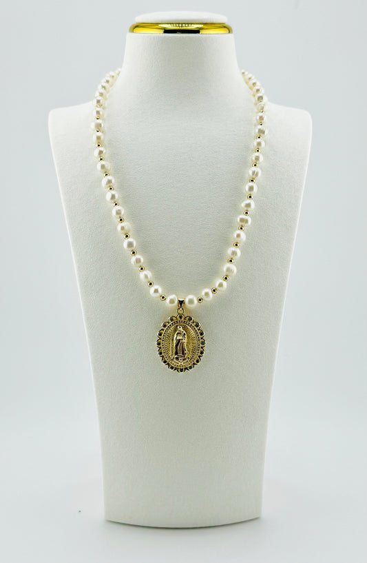 Virgin of Guadalupe gold filled and rhinestones and fresh water pearls