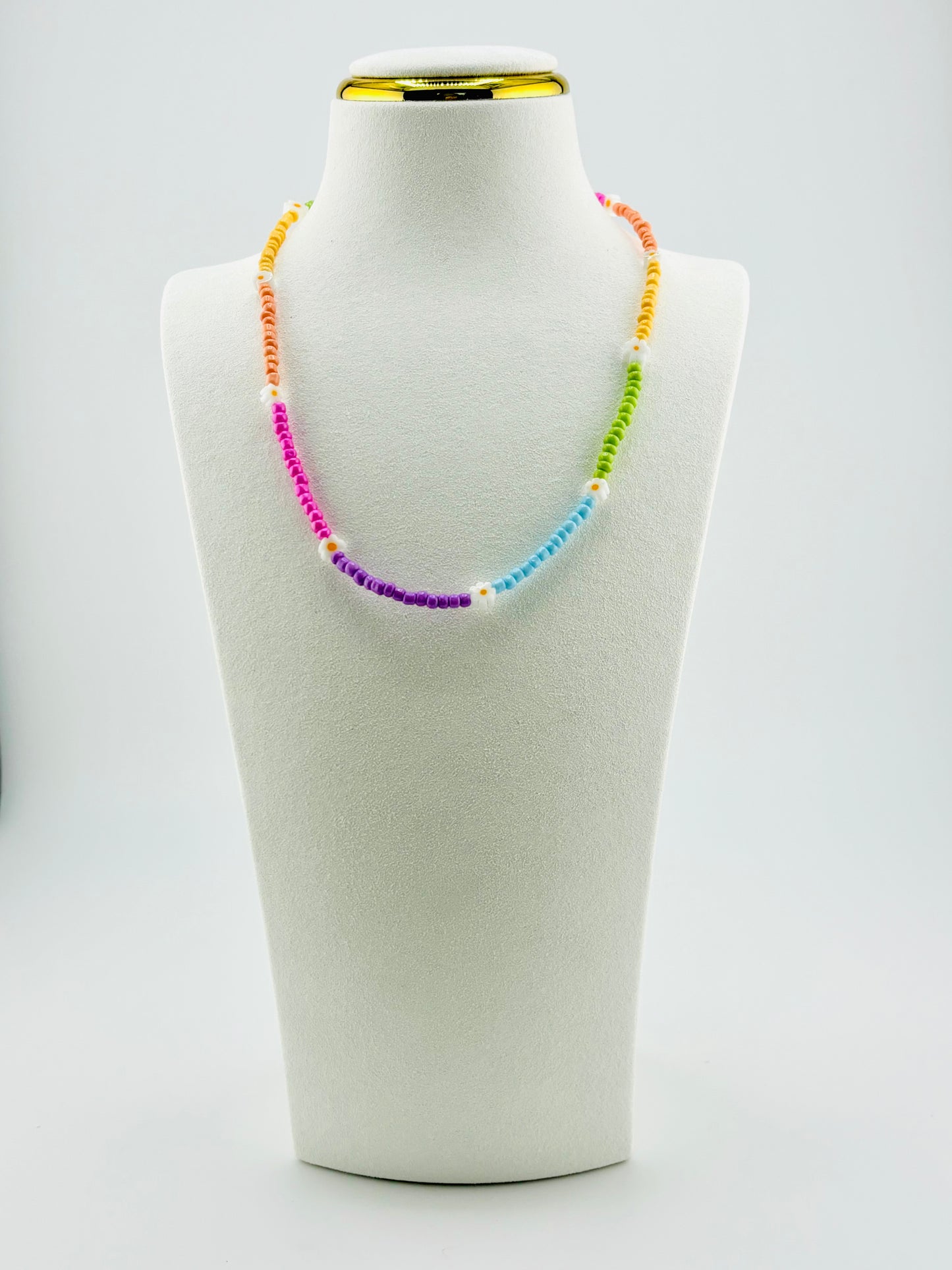 Roxanne rainbow color and daisies glass bead necklace