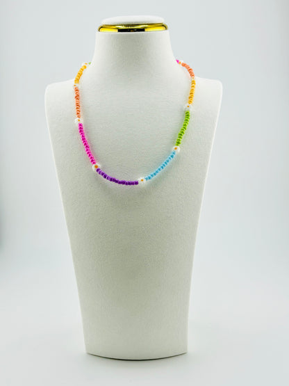 Roxanne rainbow color and daisies glass bead necklace