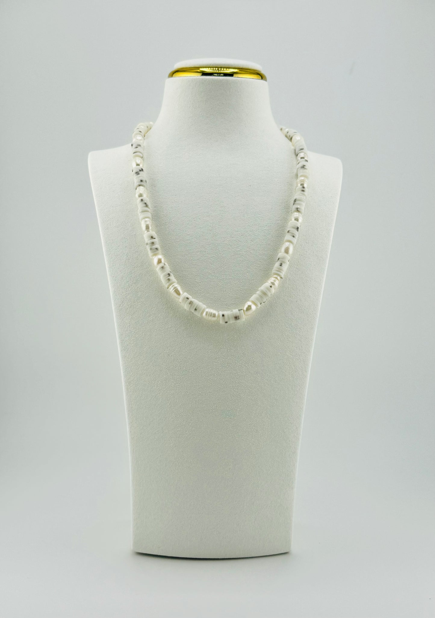 Penelope necklace is clay beads with fresh water pearls