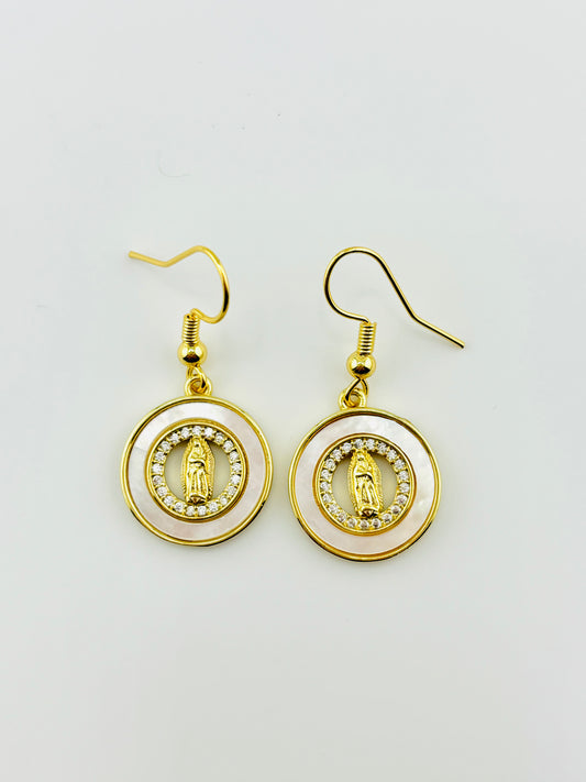 Virgin of Guadalupe mother of pearl dangling earrings