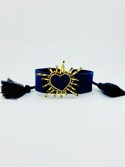 Salma navy heart beaded adjustable woven bracelet