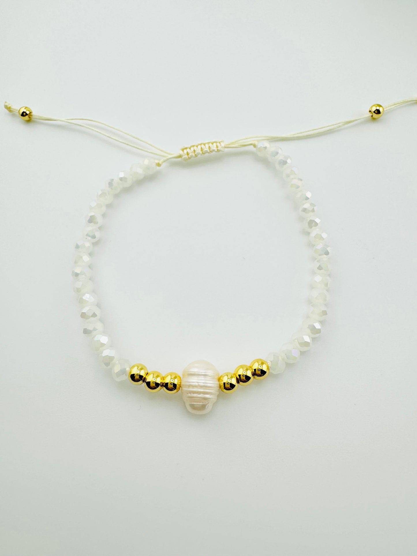 Josie white iridescent beads in 18k gold filled and fresh water pearl bracelet