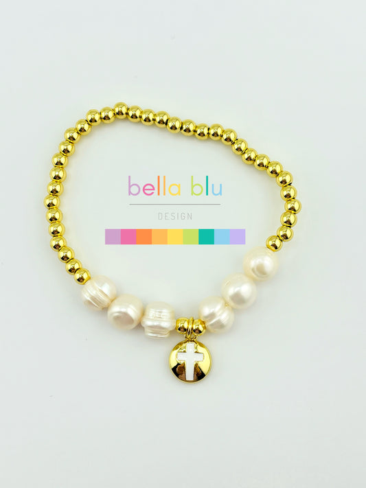 Melissa fresh water pearls and cross bracelet with 18k gold filled