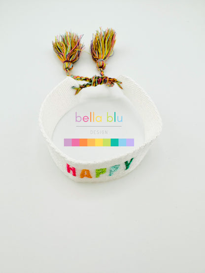 Happy woven bracelet in white with colorful letters adjustable